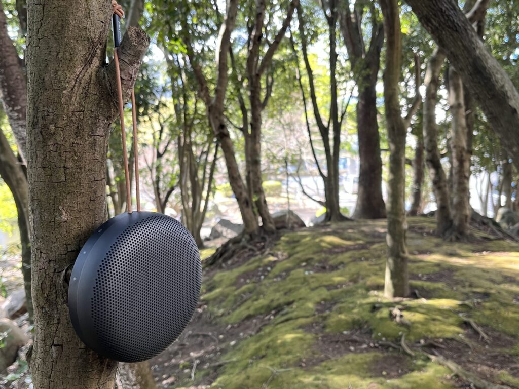 beosound a1 2nd genを木にかけた様子